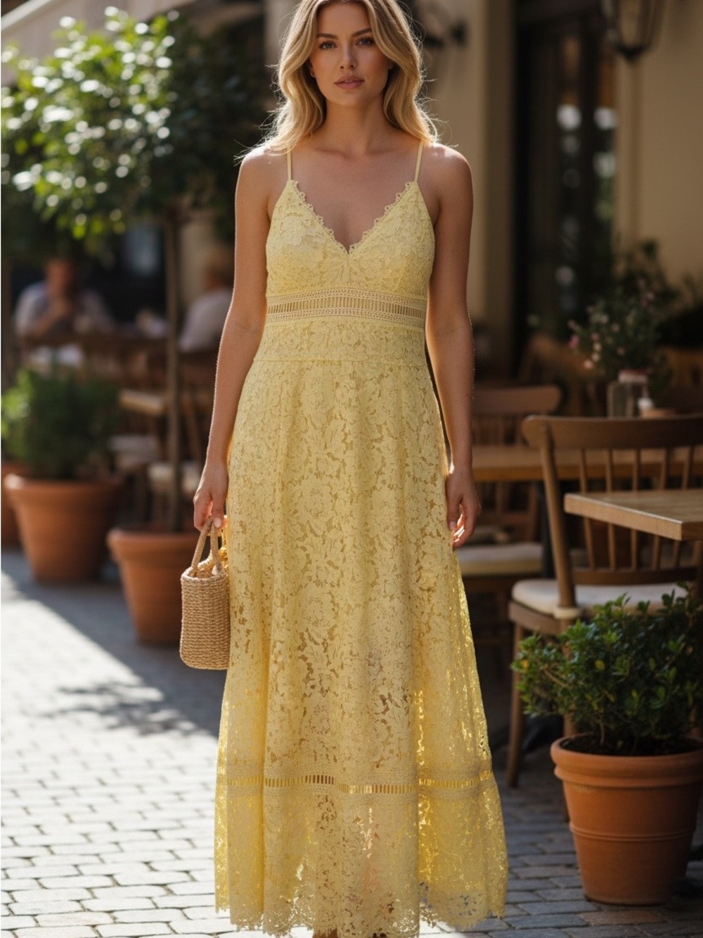 Generation Love Pale Yellow Lace Maxi Dress with Spaghetti Straps